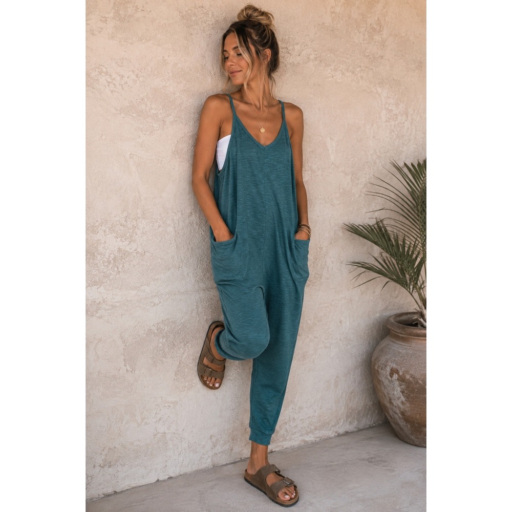 Sincerely Jules Womens Teal Green Slub Knit Slouchy V-Neck Jumpsuit Size L